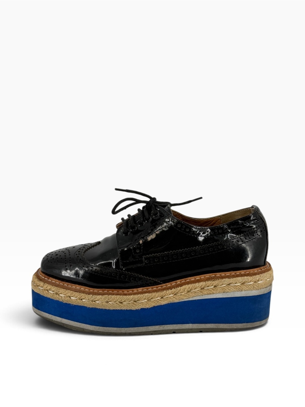 Prada Black & Blue Leather Espadrille Platform Brogues